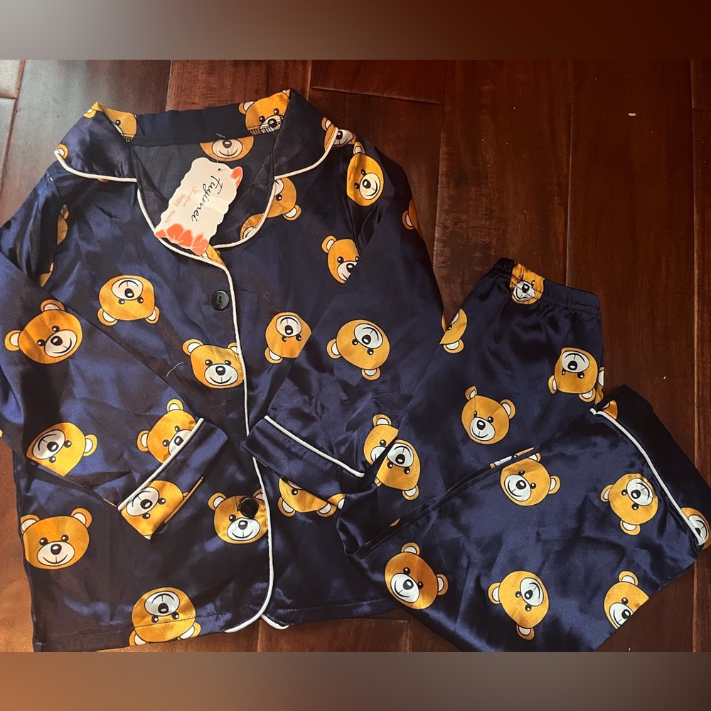 Angel Dear Bear Print Kids Pajamas - Navy and Brown